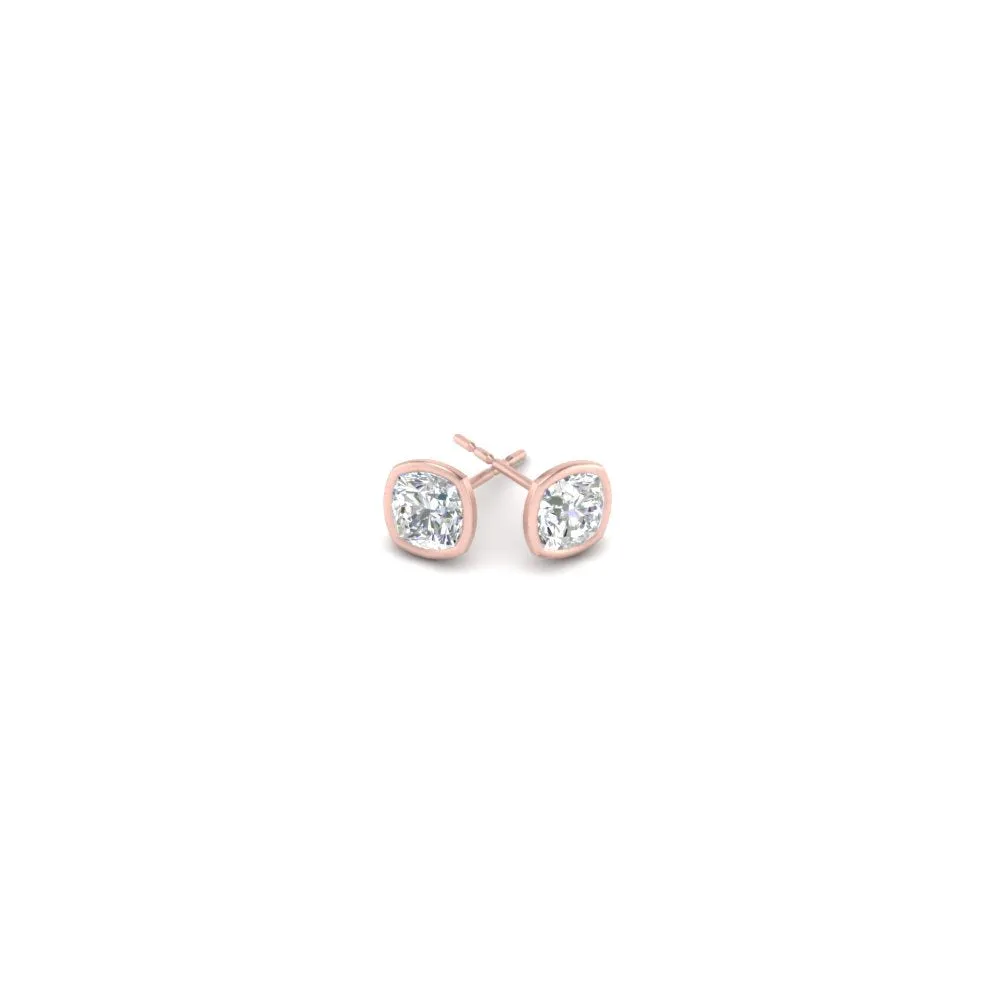 0.5 To 5 Carat Lab Diamond Cushion Stud Bezel Set Earring For Women 14K Gold