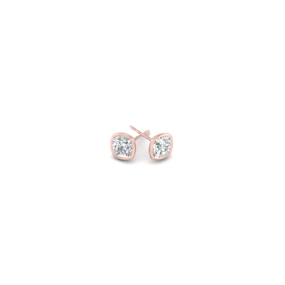 0.5 To 5 Carat Lab Diamond Cushion Stud Bezel Set Earring For Women 14K Gold