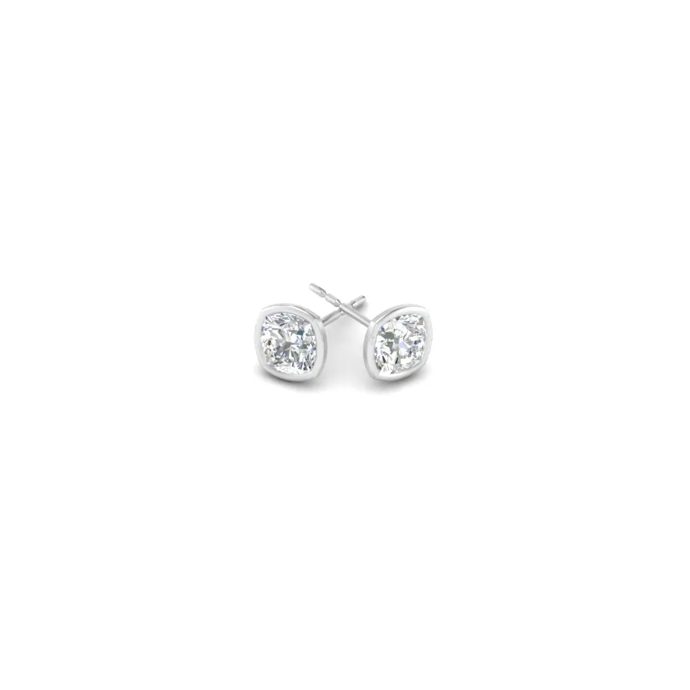 0.5 To 5 Carat Lab Diamond Cushion Stud Bezel Set Earring For Women 14K Gold