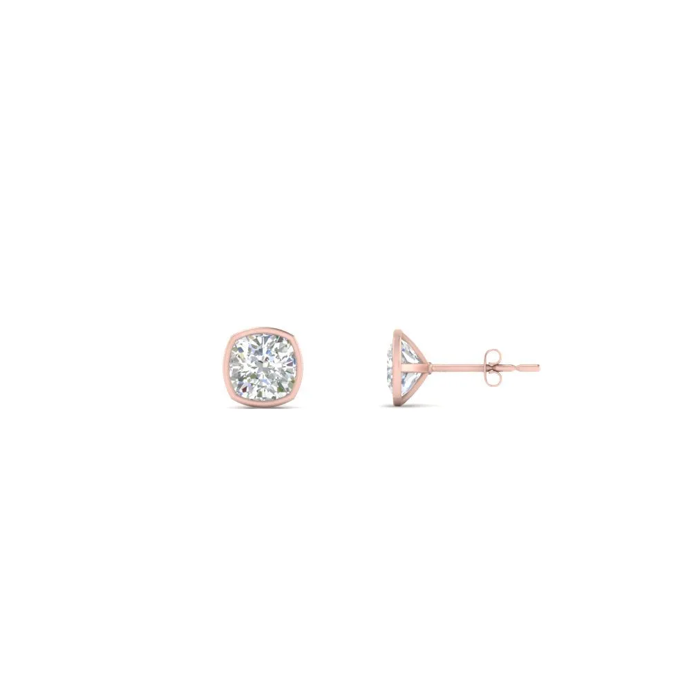 0.5 To 5 Carat Lab Diamond Cushion Stud Bezel Set Earring For Women 14K Gold