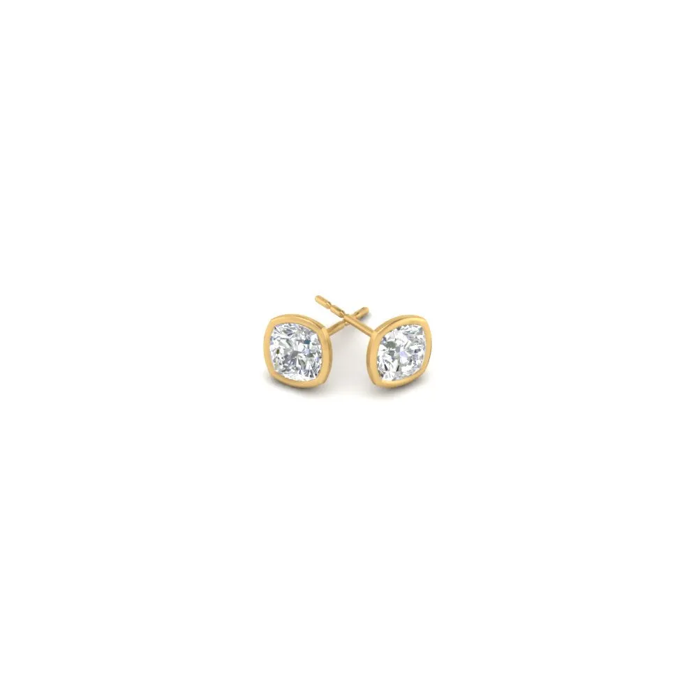 0.5 To 5 Carat Lab Diamond Cushion Stud Bezel Set Earring For Women 14K Gold