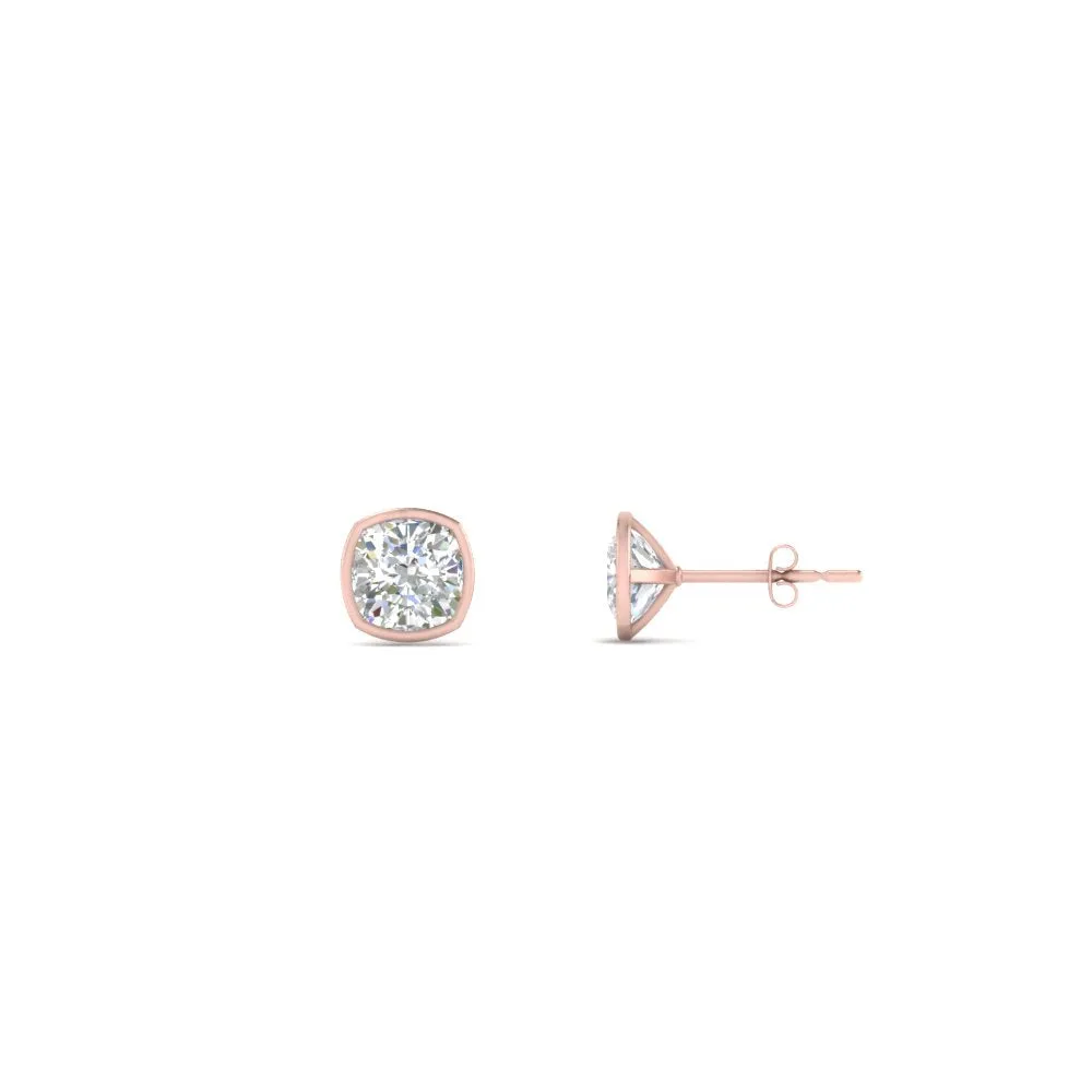 0.5 To 5 Carat Lab Diamond Cushion Stud Bezel Set Earring For Women 14K Gold