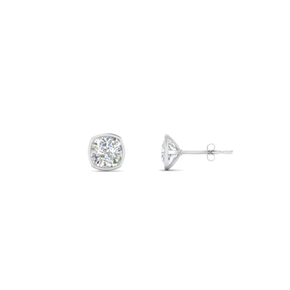 0.5 To 5 Carat Lab Diamond Cushion Stud Bezel Set Earring For Women 14K Gold