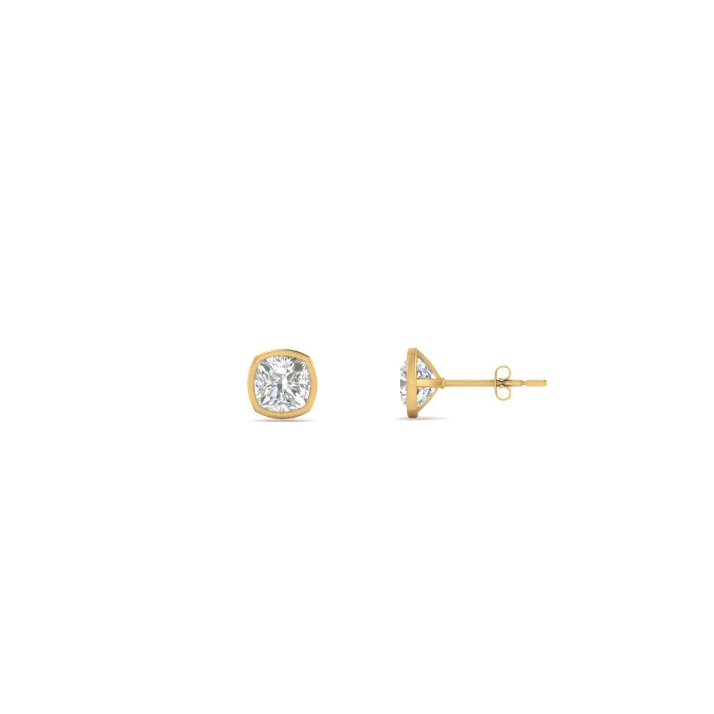 0.5 To 5 Carat Lab Diamond Cushion Stud Bezel Set Earring For Women 14K Gold