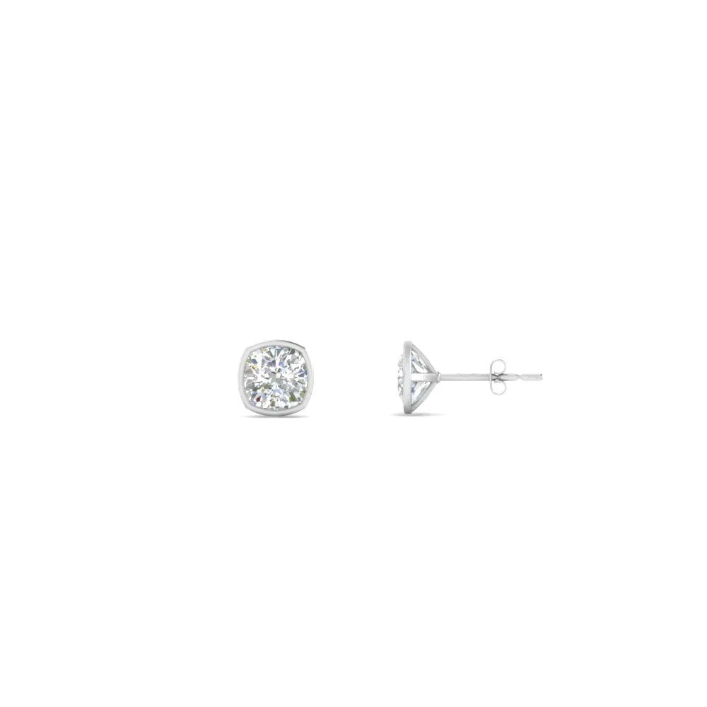 0.5 To 5 Carat Lab Diamond Cushion Stud Bezel Set Earring For Women 14K Gold