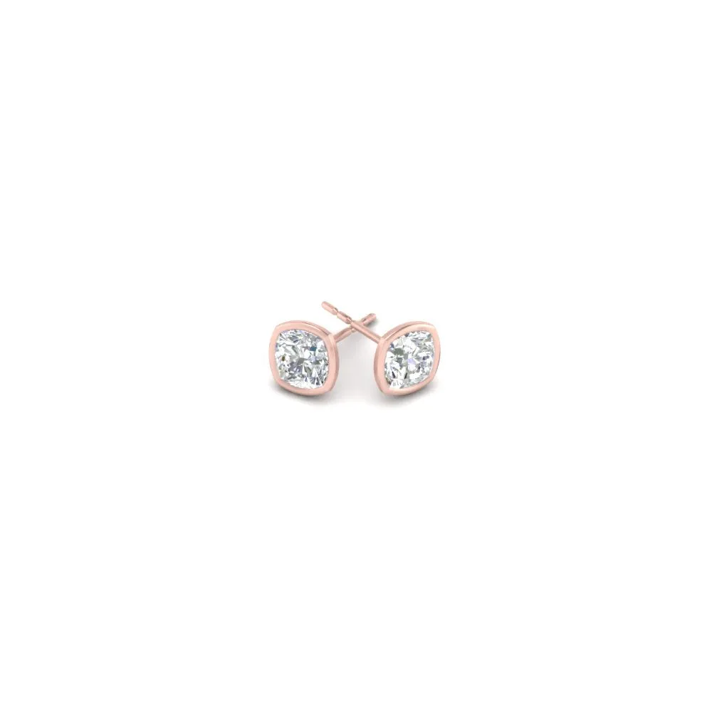 0.5 To 5 Carat Lab Diamond Cushion Stud Bezel Set Earring For Women 14K Gold