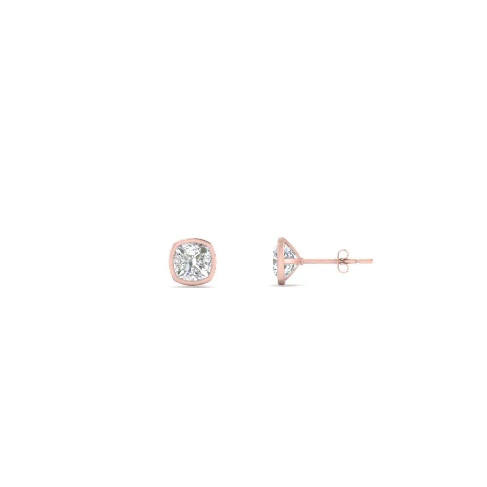0.5 To 5 Carat Lab Diamond Cushion Stud Bezel Set Earring For Women 14K Gold