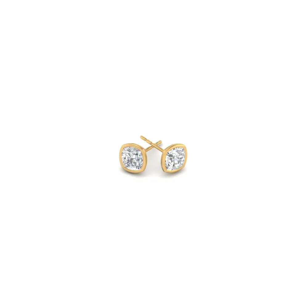 0.5 To 5 Carat Lab Diamond Cushion Stud Bezel Set Earring For Women 14K Gold