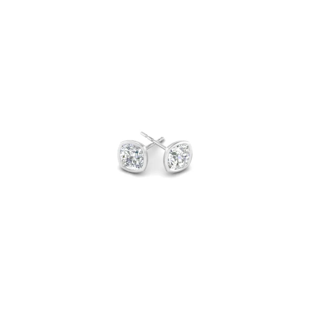0.5 To 5 Carat Lab Diamond Cushion Stud Bezel Set Earring For Women 14K Gold