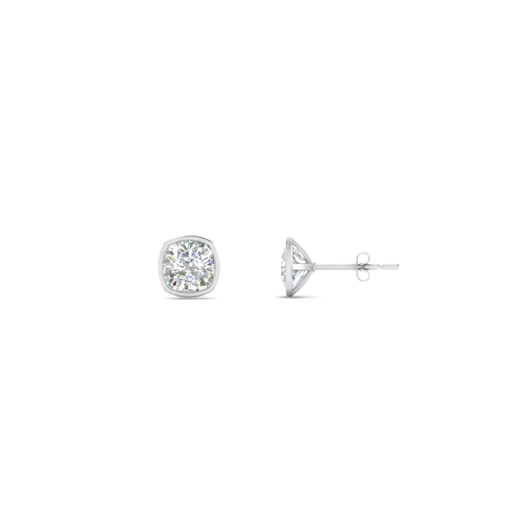0.5 To 5 Carat Lab Diamond Cushion Stud Bezel Set Earring For Women 14K Gold