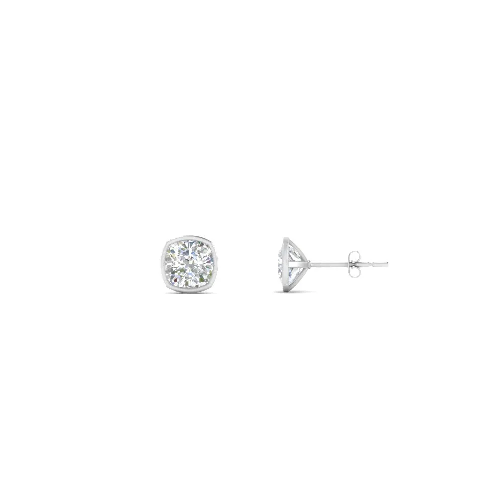 0.5 To 5 Carat Lab Diamond Cushion Stud Bezel Set Earring For Women 14K Gold