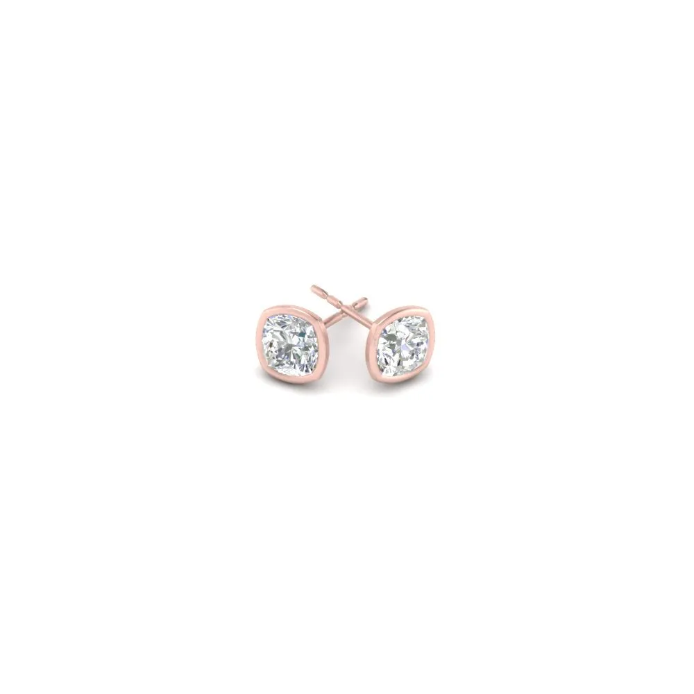 0.5 To 5 Carat Lab Diamond Cushion Stud Bezel Set Earring For Women 14K Gold