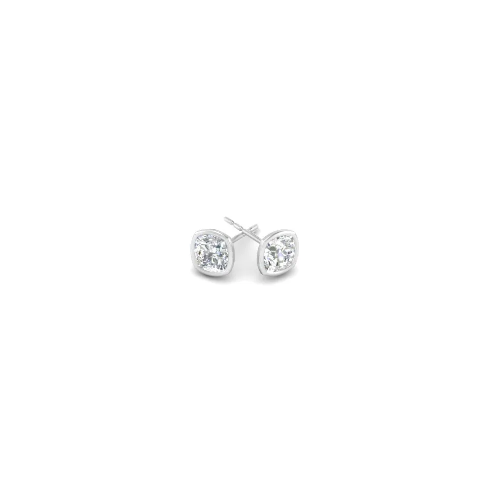 0.5 To 5 Carat Lab Diamond Cushion Stud Bezel Set Earring For Women 14K Gold