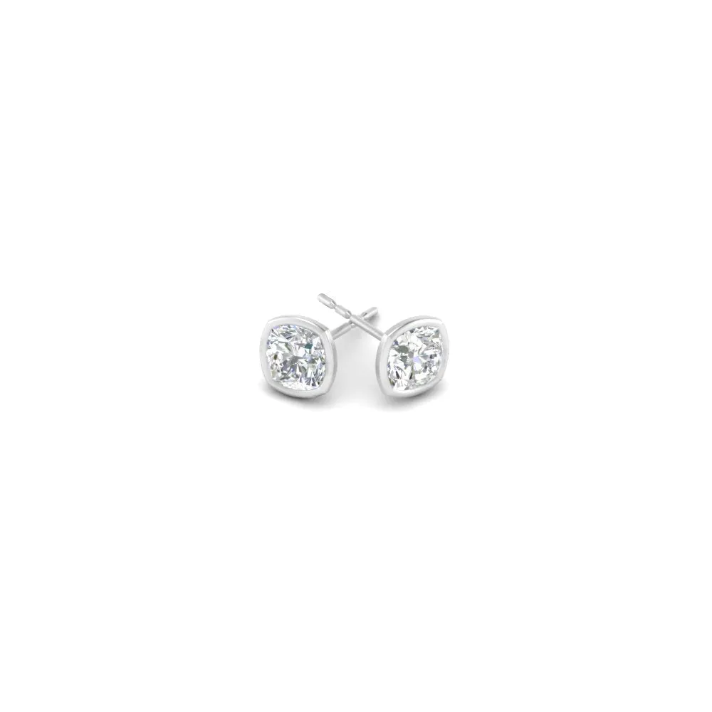 0.5 To 5 Carat Lab Diamond Cushion Stud Bezel Set Earring For Women 14K Gold