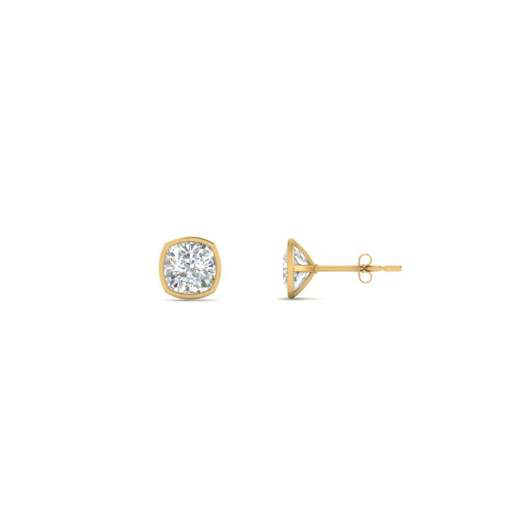 0.5 To 5 Carat Lab Diamond Cushion Stud Bezel Set Earring For Women 14K Gold