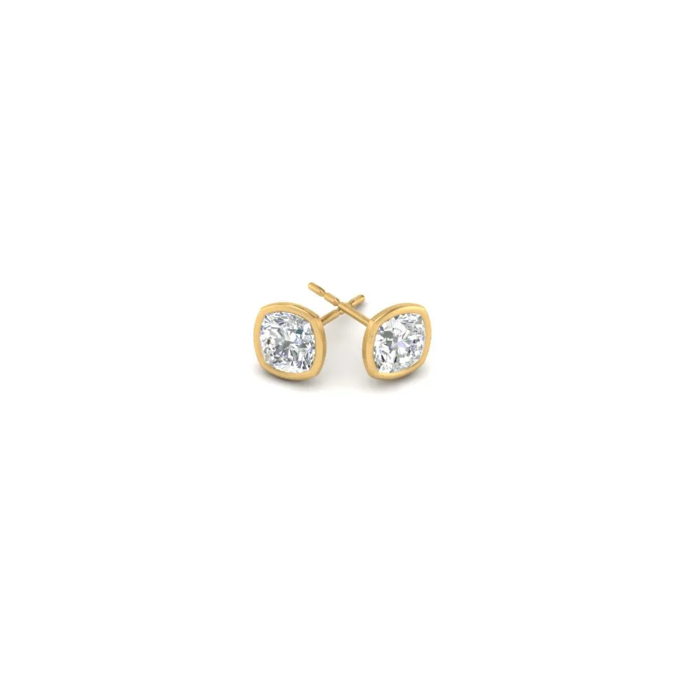 0.5 To 5 Carat Lab Diamond Cushion Stud Bezel Set Earring For Women 14K Gold