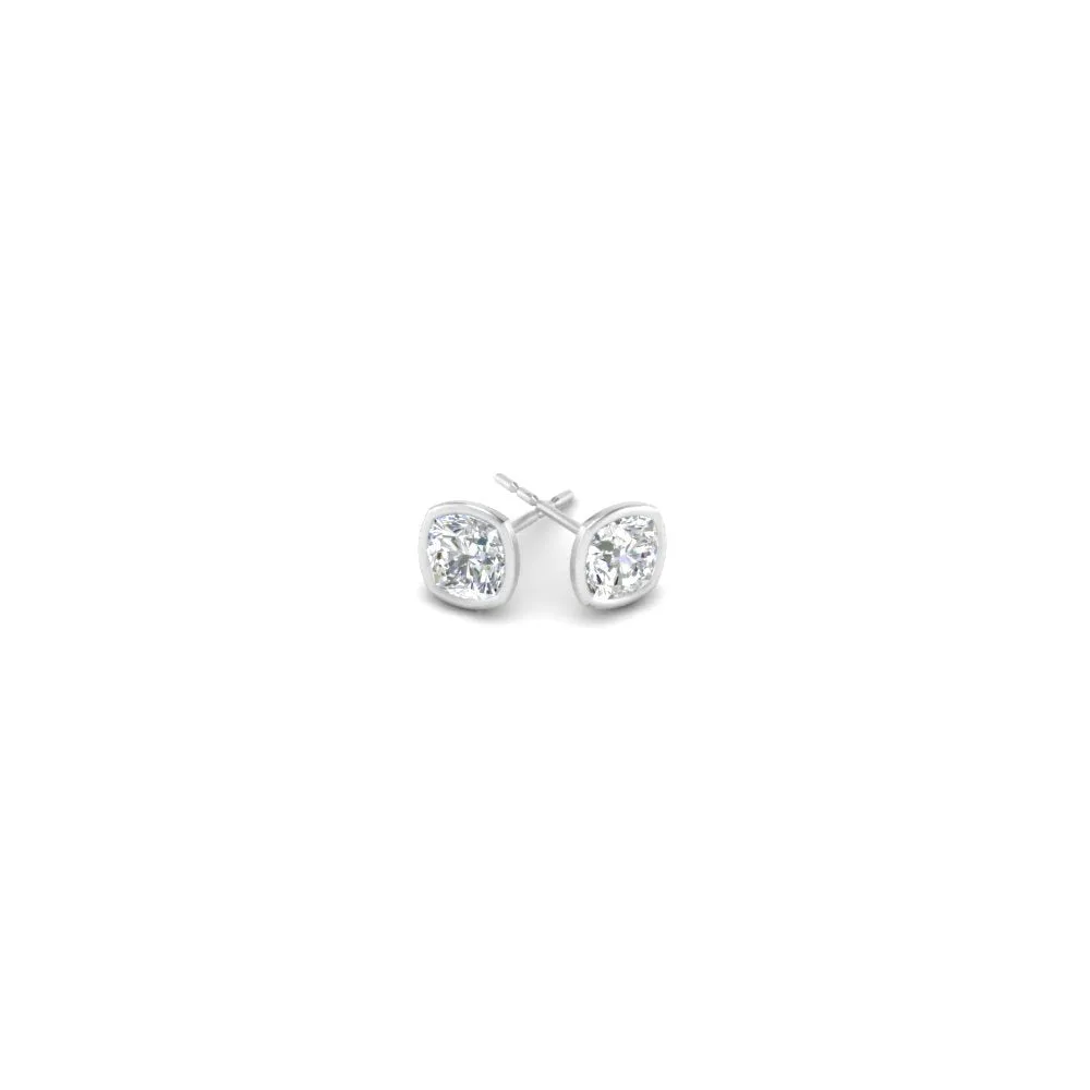 0.5 To 5 Carat Lab Diamond Cushion Stud Bezel Set Earring For Women 14K Gold