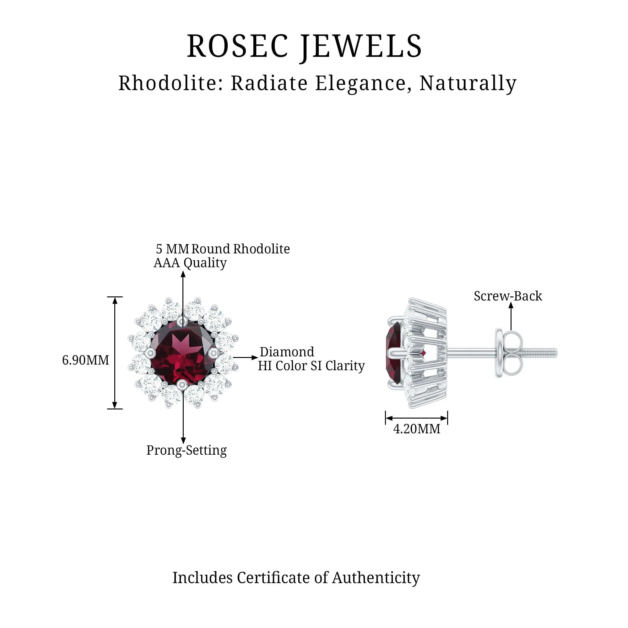 1 CT Round Rhodolite and Diamond Halo Stud Earrings