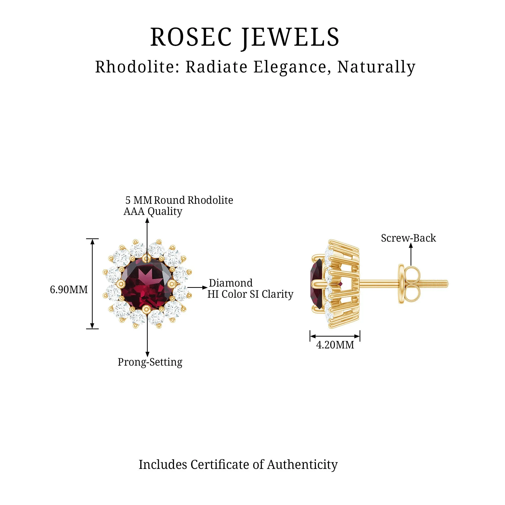 1 CT Round Rhodolite and Diamond Halo Stud Earrings