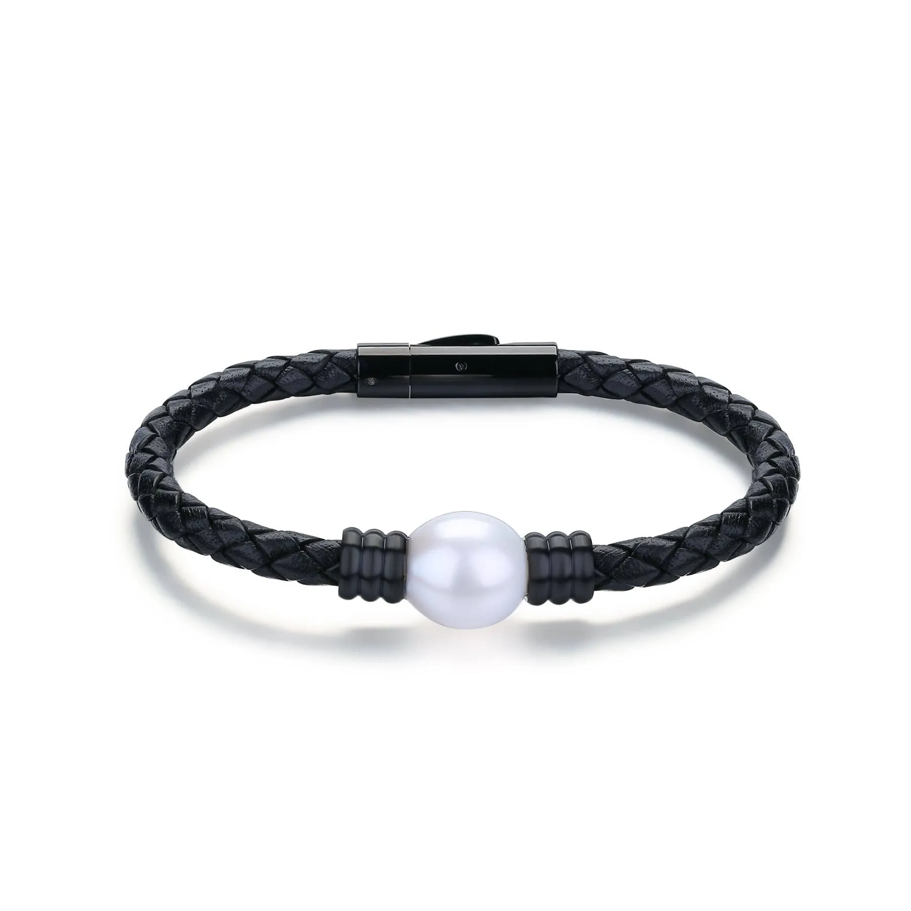 12-13mm Large Pearl Leather Bracelet in Stainless Steel