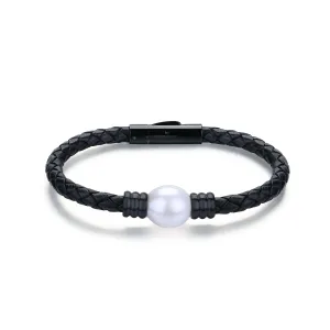 12-13mm Large Pearl Leather Bracelet in Stainless Steel