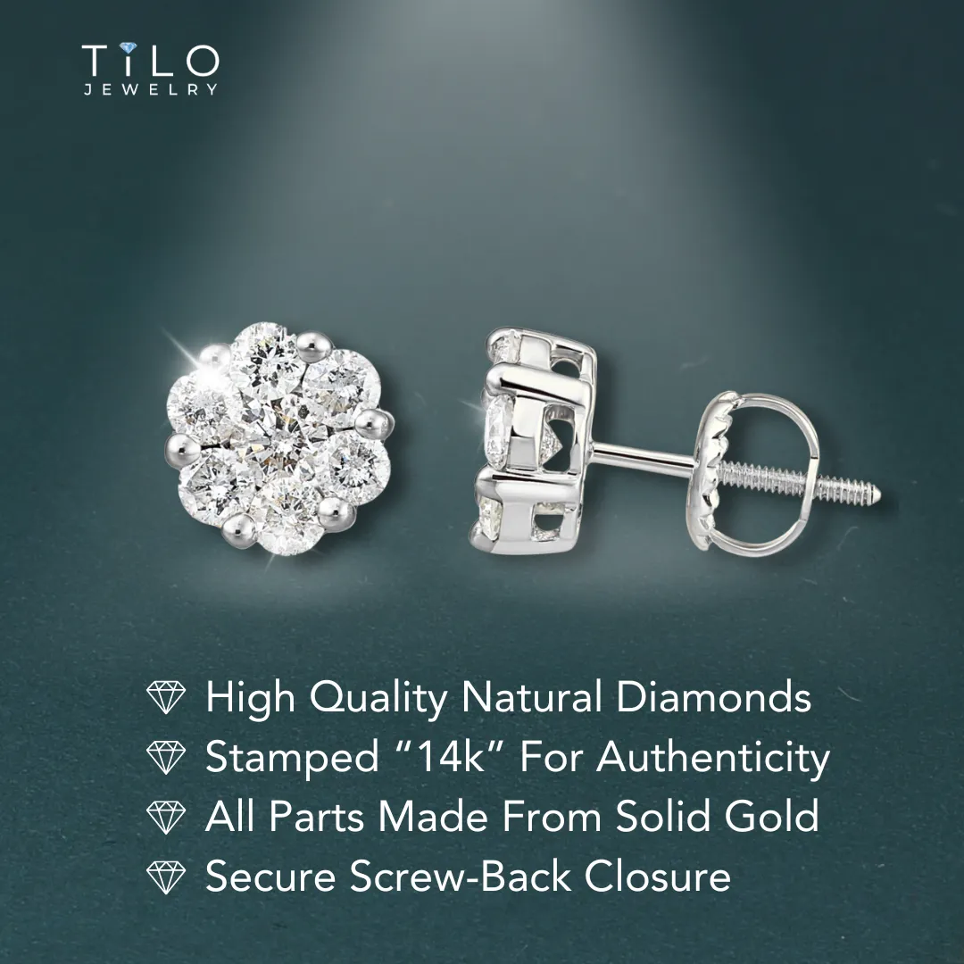 14K White Gold Diamond Cluster Stud Earring with Screw-Back, 0.25 carats
