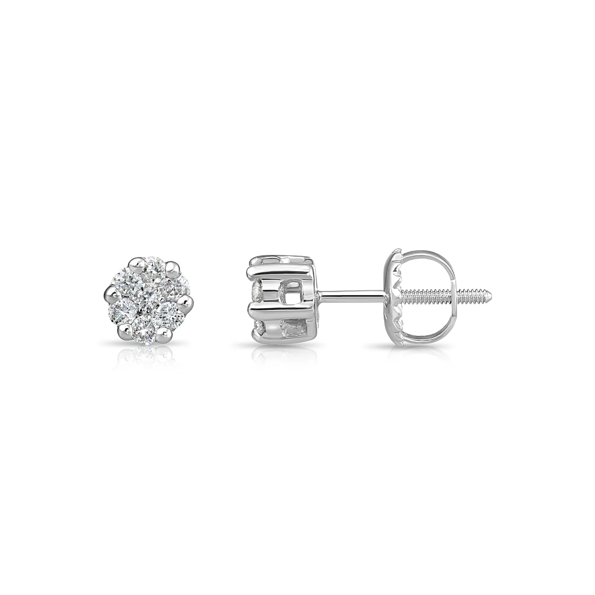 14K White Gold Diamond Cluster Stud Earring with Screw-Back, 0.25 carats
