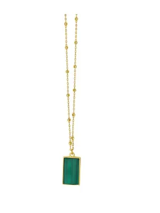 14k Yellow Gold Rectangle Malachite Beaded Chain Necklace 18" (I9048)