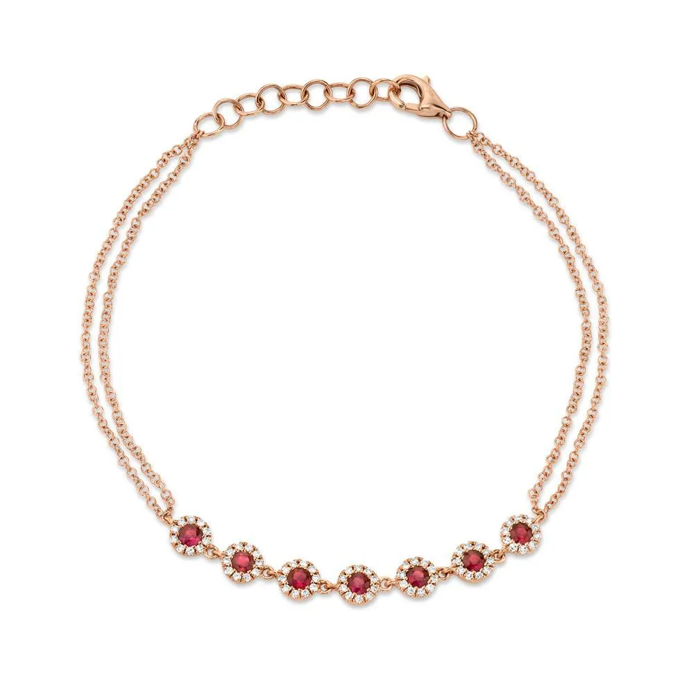 14KT GOLD 0.52 CTW RUBY & 0.21 CTW DIAMOND 2 STRAIN HALO BRACELET