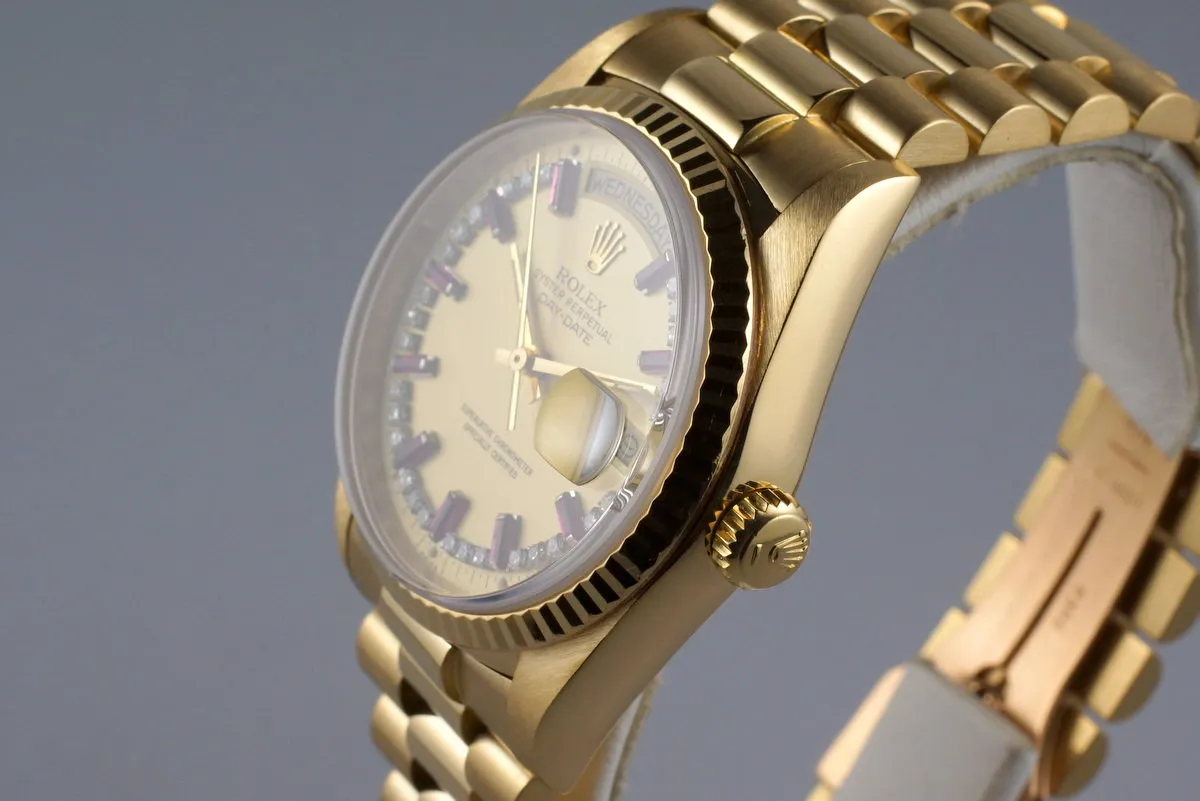1986 Rolex YG Day Date 18038 Factory Diamond and Ruby String Dial