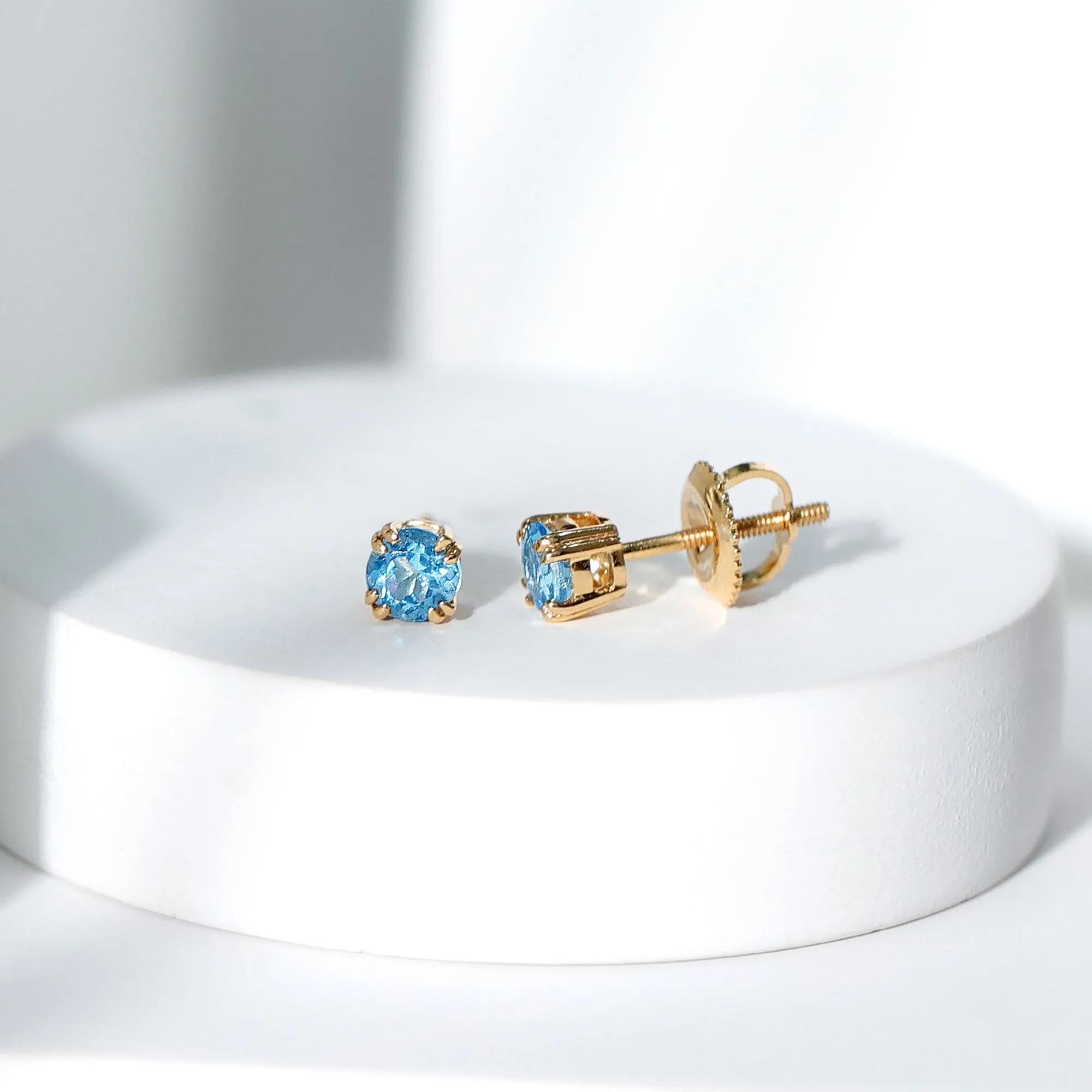 4 MM Genuine Aquamarine Solitaire Stud Earrings in Double Claw Prong Setting