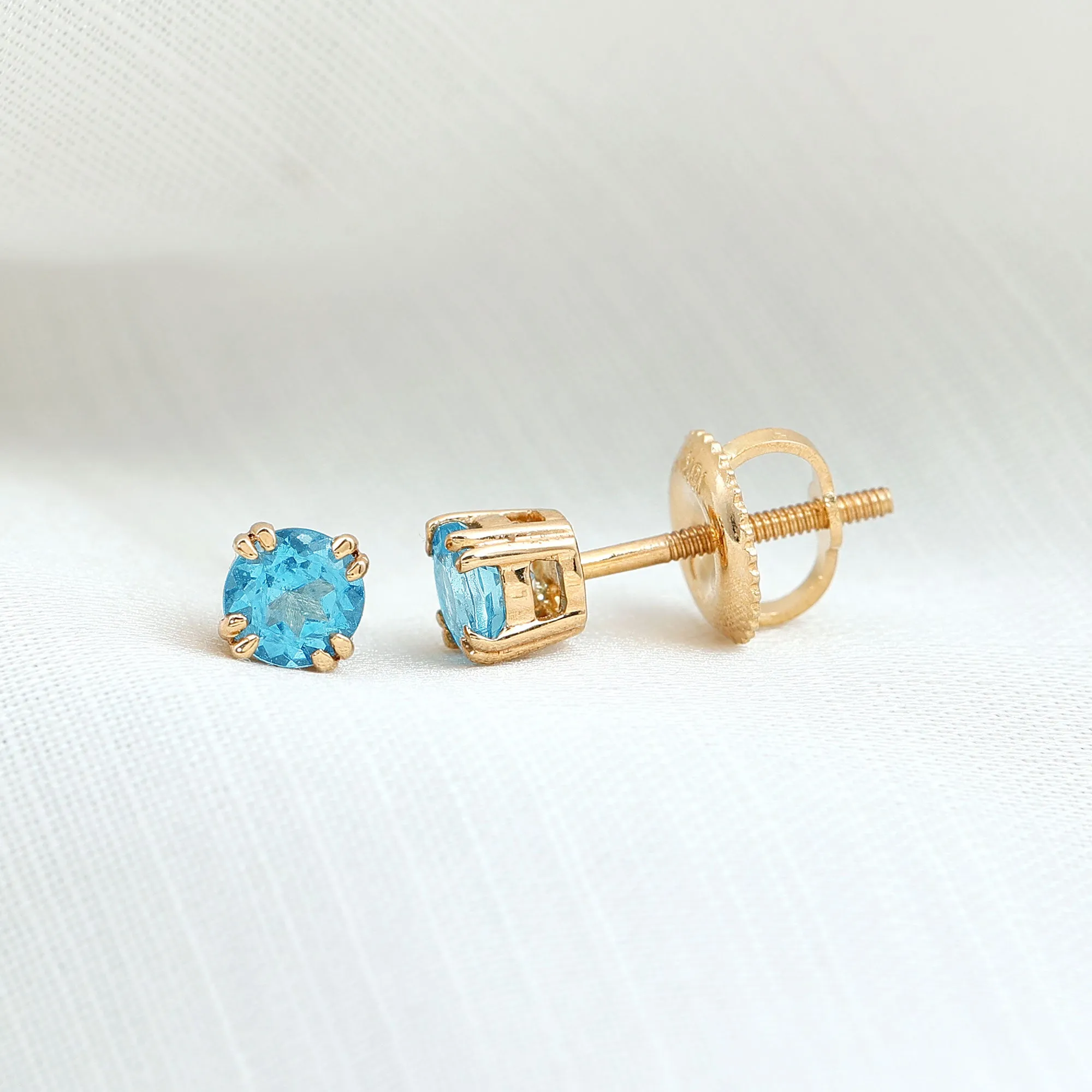 4 MM Genuine Aquamarine Solitaire Stud Earrings in Double Claw Prong Setting