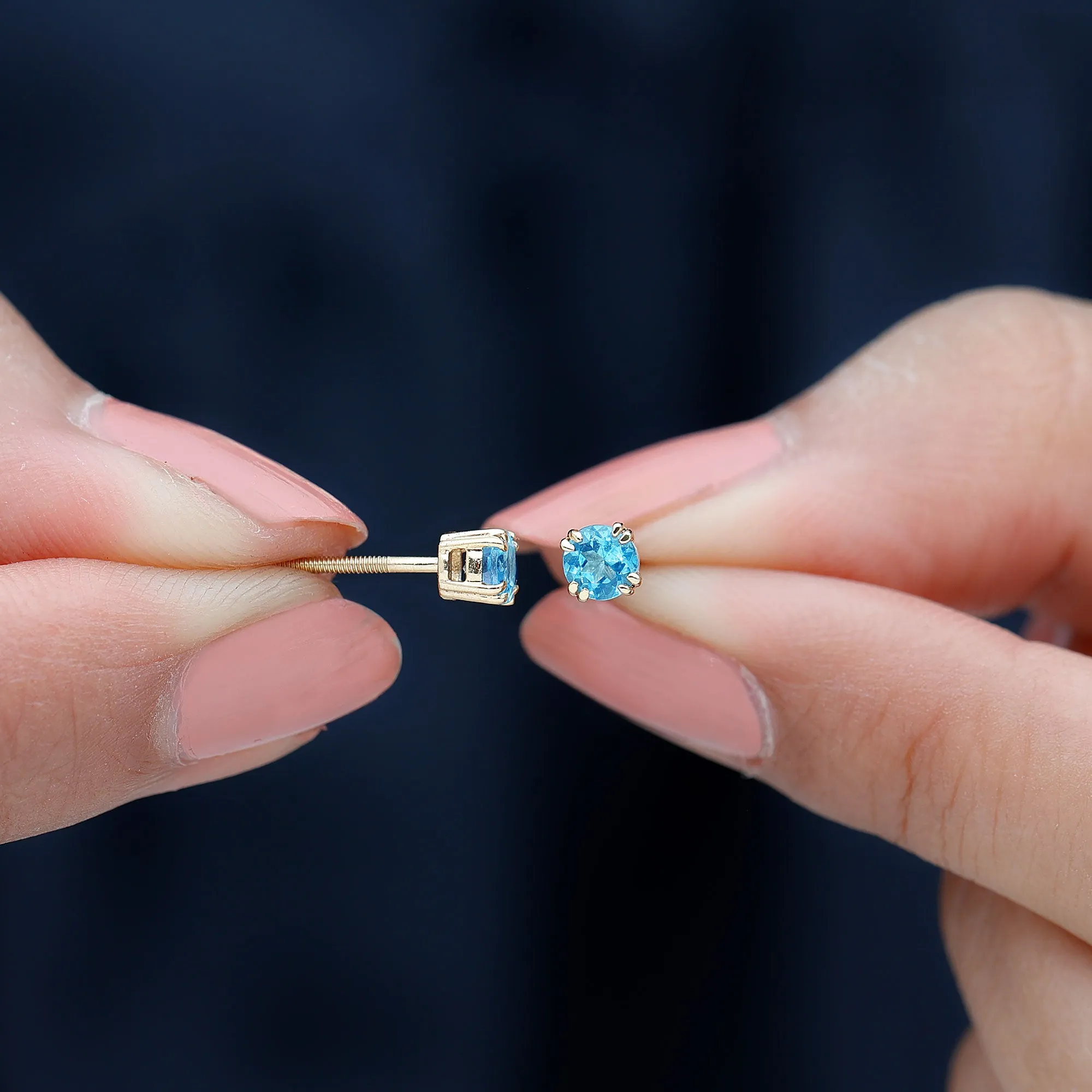 4 MM Genuine Aquamarine Solitaire Stud Earrings in Double Claw Prong Setting