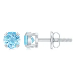 4 MM Genuine Aquamarine Solitaire Stud Earrings in Double Claw Prong Setting