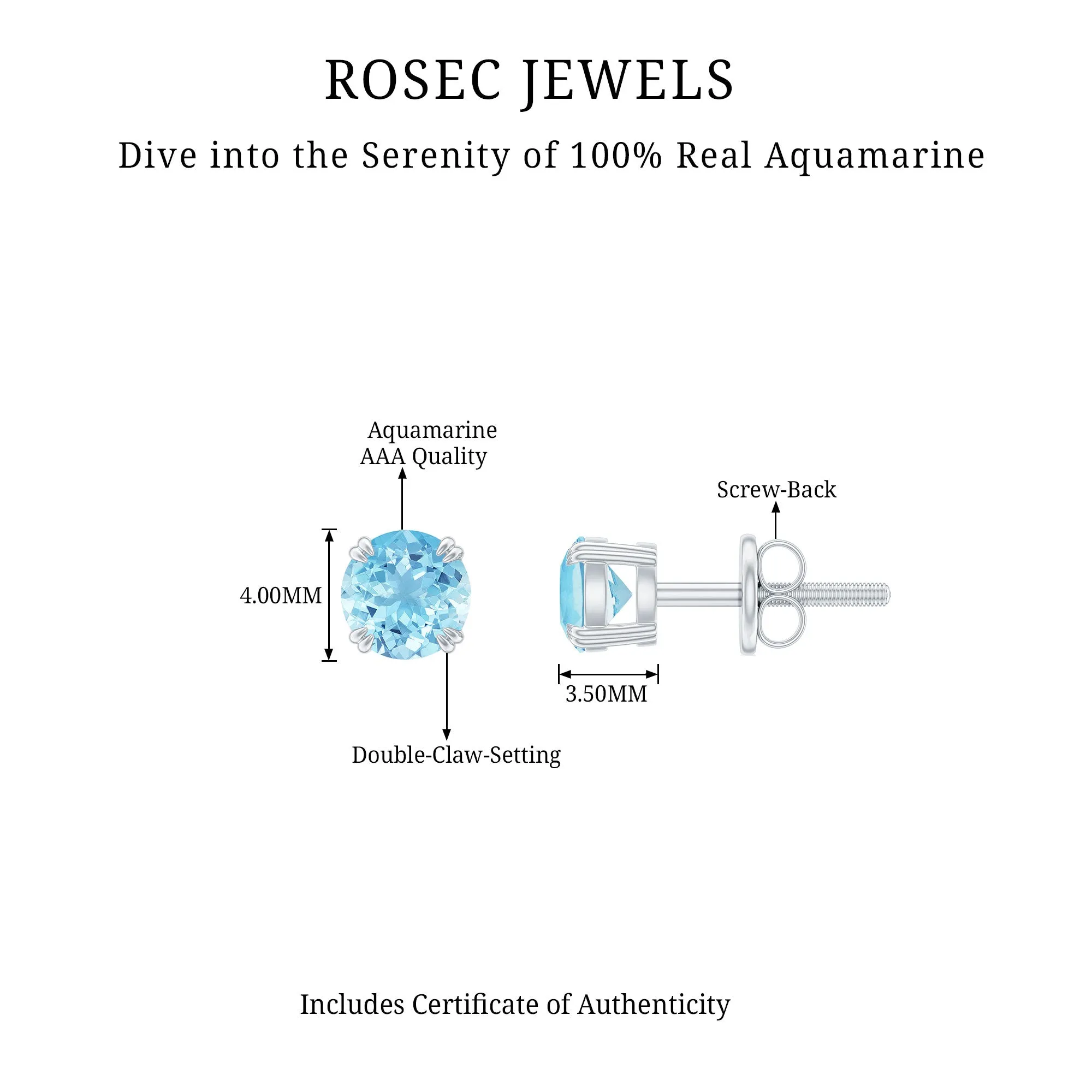 4 MM Genuine Aquamarine Solitaire Stud Earrings in Double Claw Prong Setting