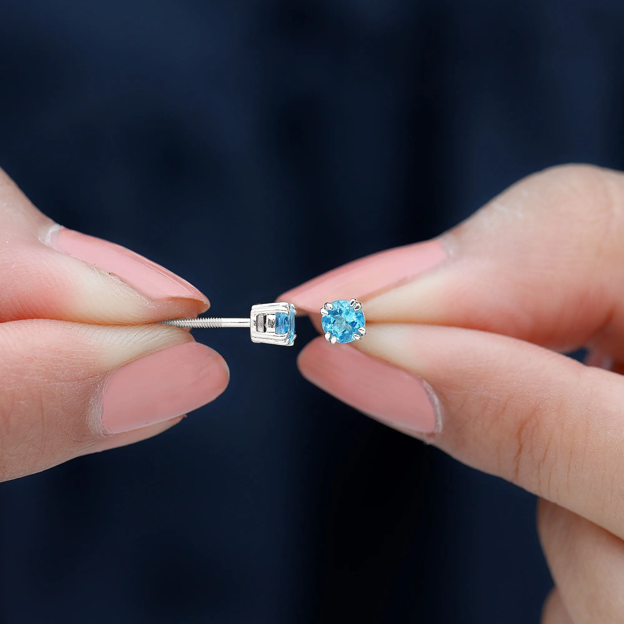 4 MM Genuine Aquamarine Solitaire Stud Earrings in Double Claw Prong Setting