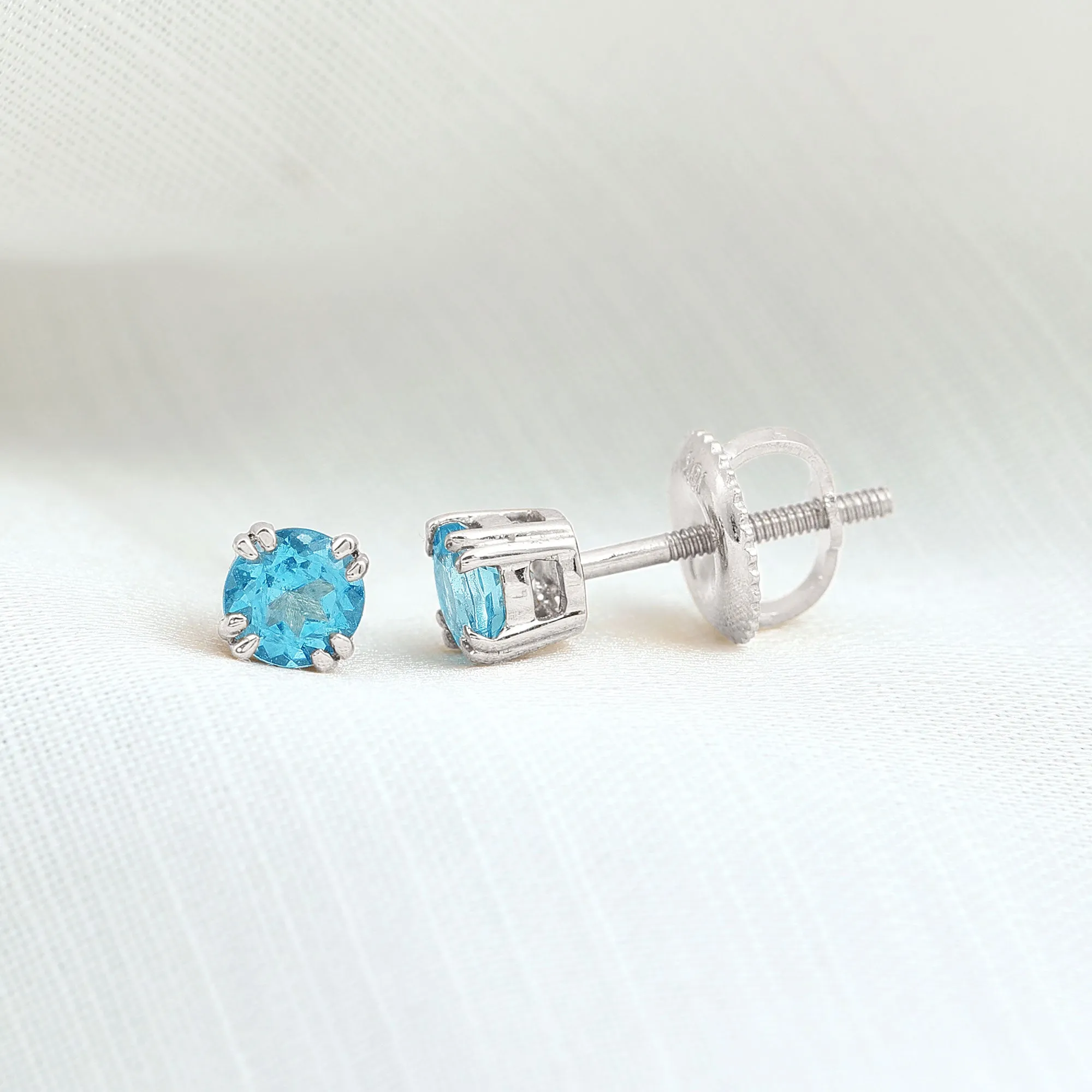 4 MM Genuine Aquamarine Solitaire Stud Earrings in Double Claw Prong Setting