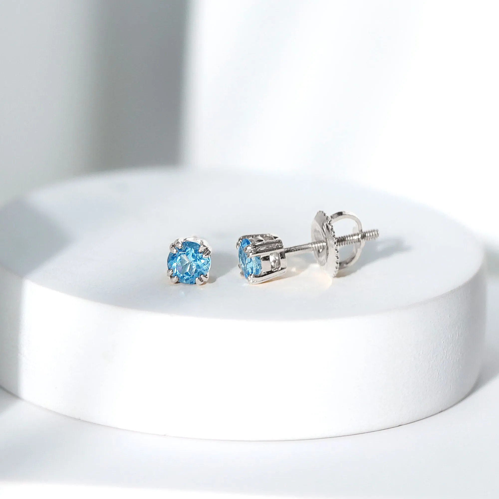 4 MM Genuine Aquamarine Solitaire Stud Earrings in Double Claw Prong Setting