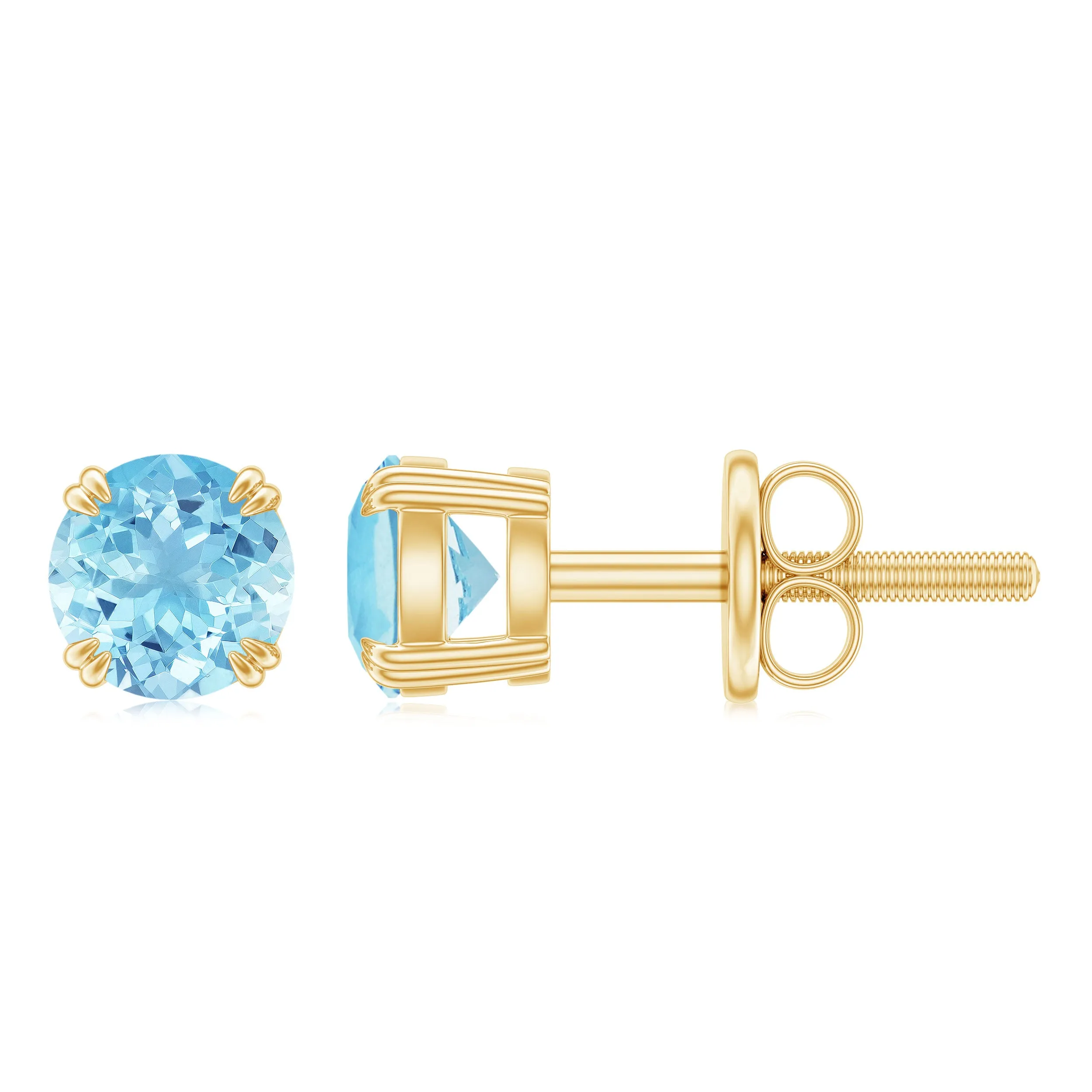 4 MM Genuine Aquamarine Solitaire Stud Earrings in Double Claw Prong Setting