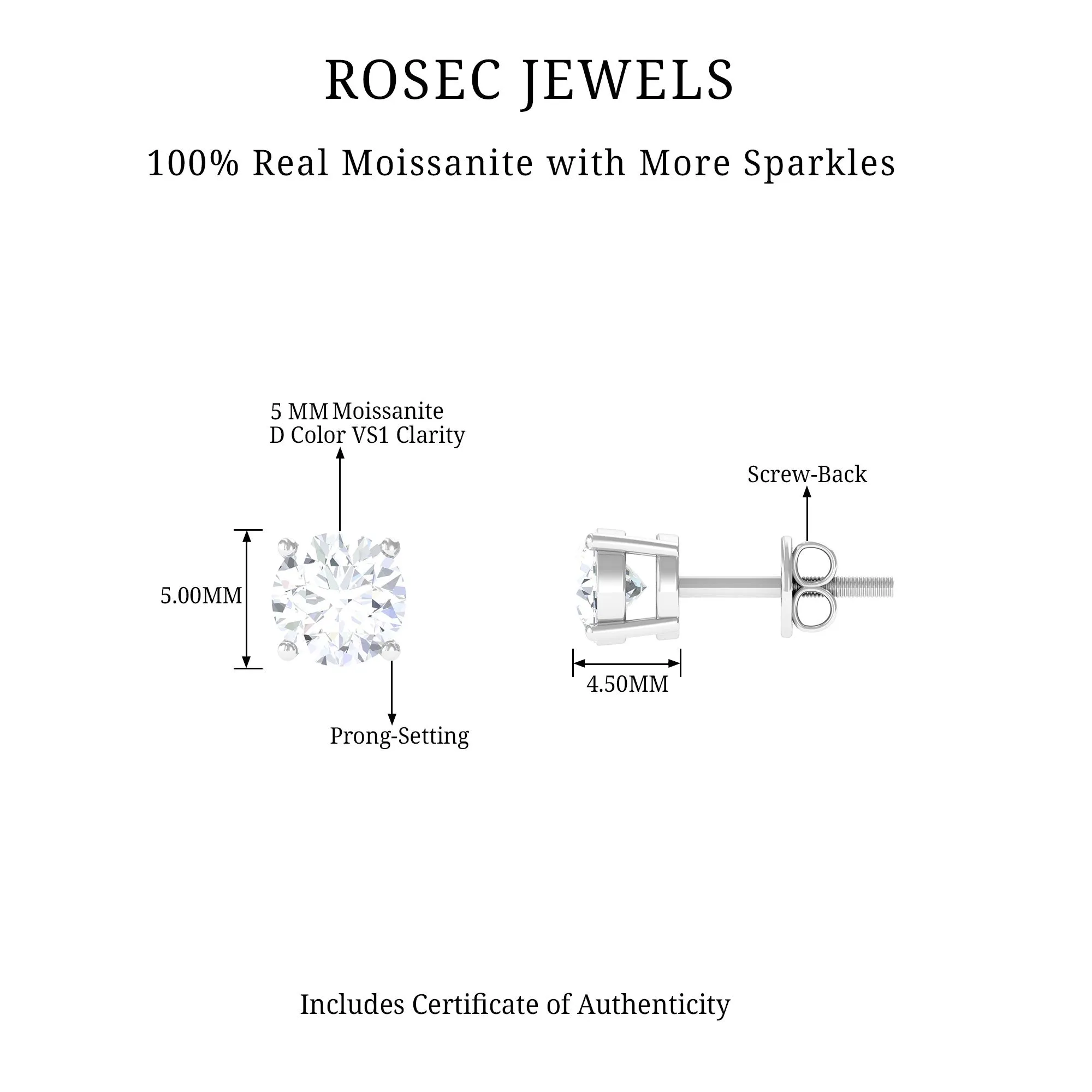 5 MM Round Moissanite Solitaire Screw Back Stud Earring