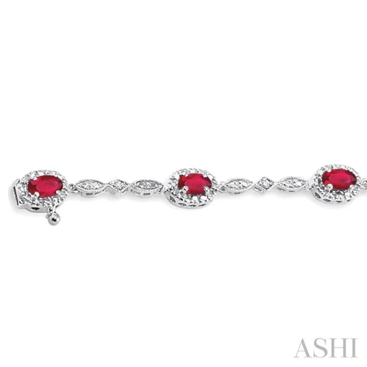 5x3MM Oval Cut Ruby and 1/20 Ctw Single Cut Diamond Bracelet in 10K White Gold