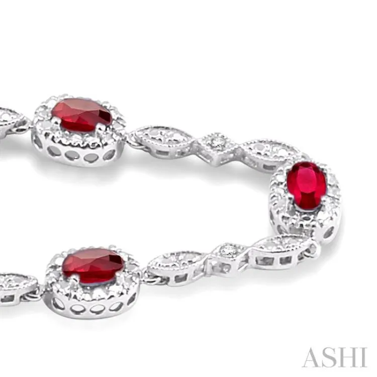 5x3MM Oval Cut Ruby and 1/20 Ctw Single Cut Diamond Bracelet in 10K White Gold