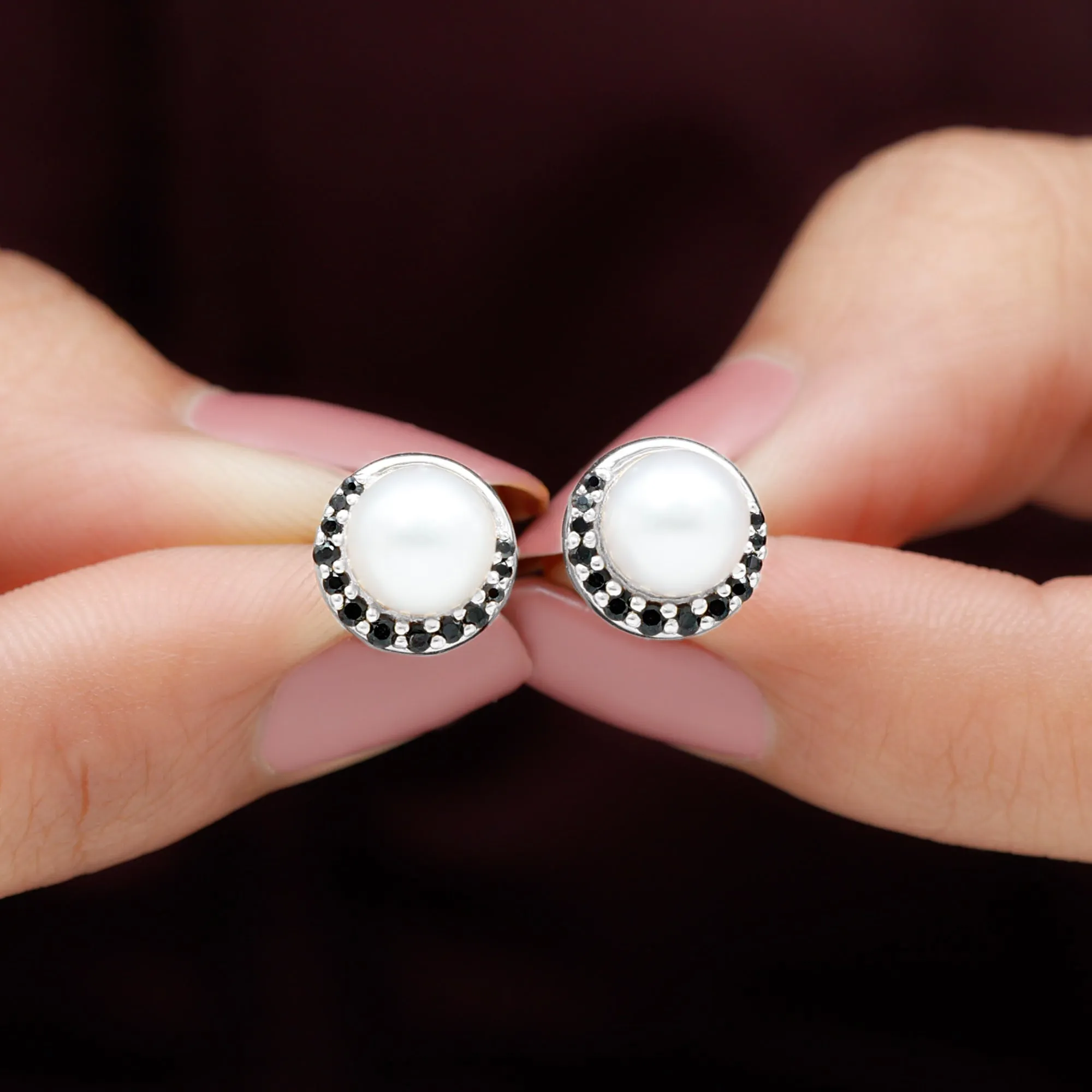6.25 CT Freshwater Pearl Solitaire Stud with Black Spinel Half Halo