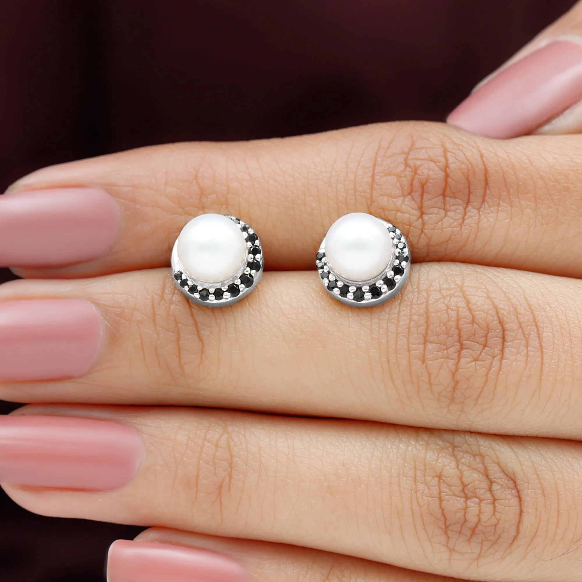 6.25 CT Freshwater Pearl Solitaire Stud with Black Spinel Half Halo