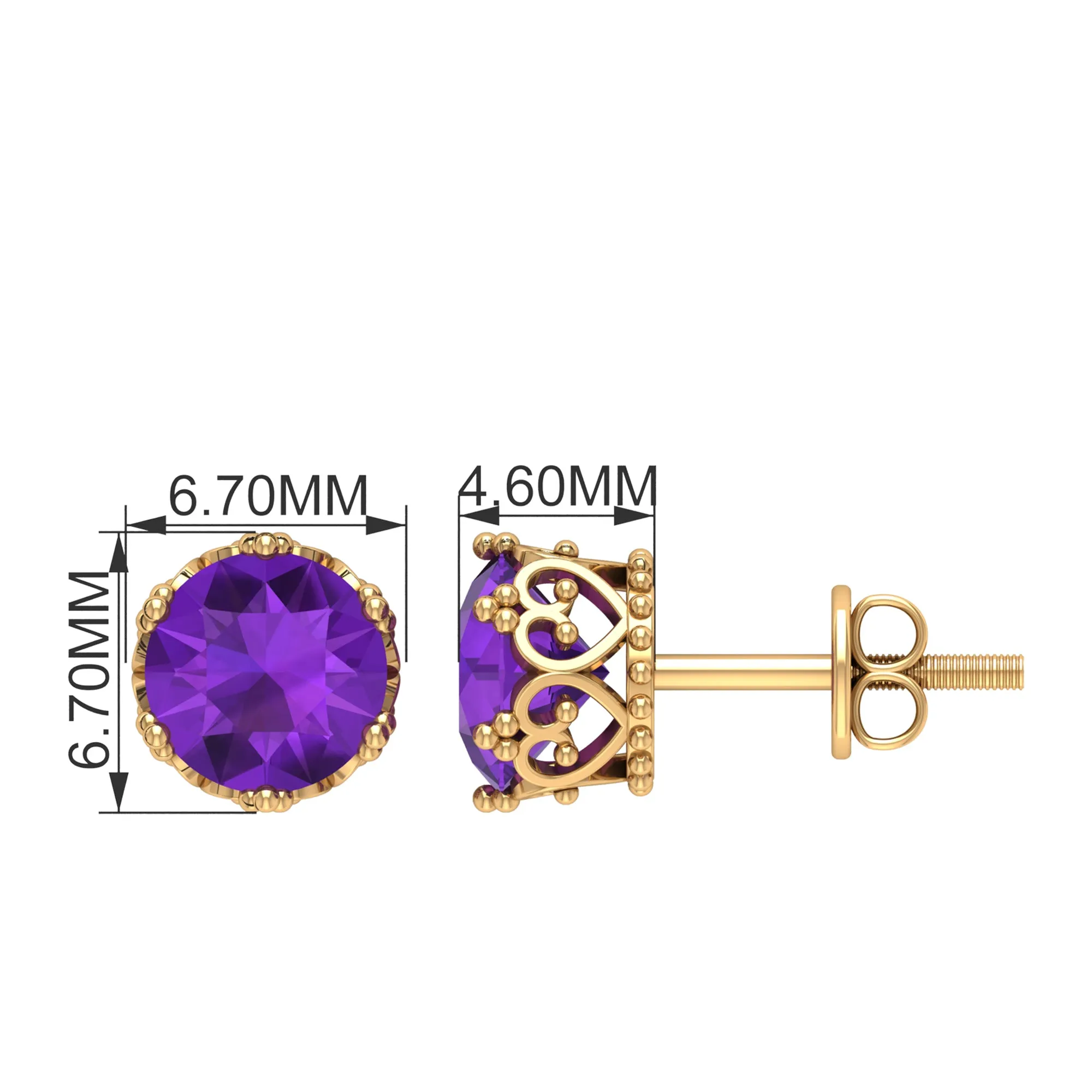 7 MM Round Cut Real Amethyst Solitaire Crown Stud Earrings