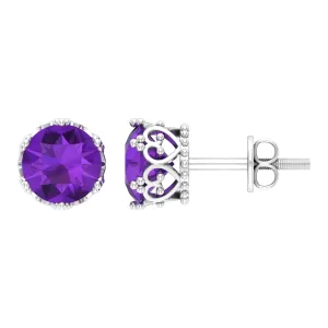 7 MM Round Cut Real Amethyst Solitaire Crown Stud Earrings