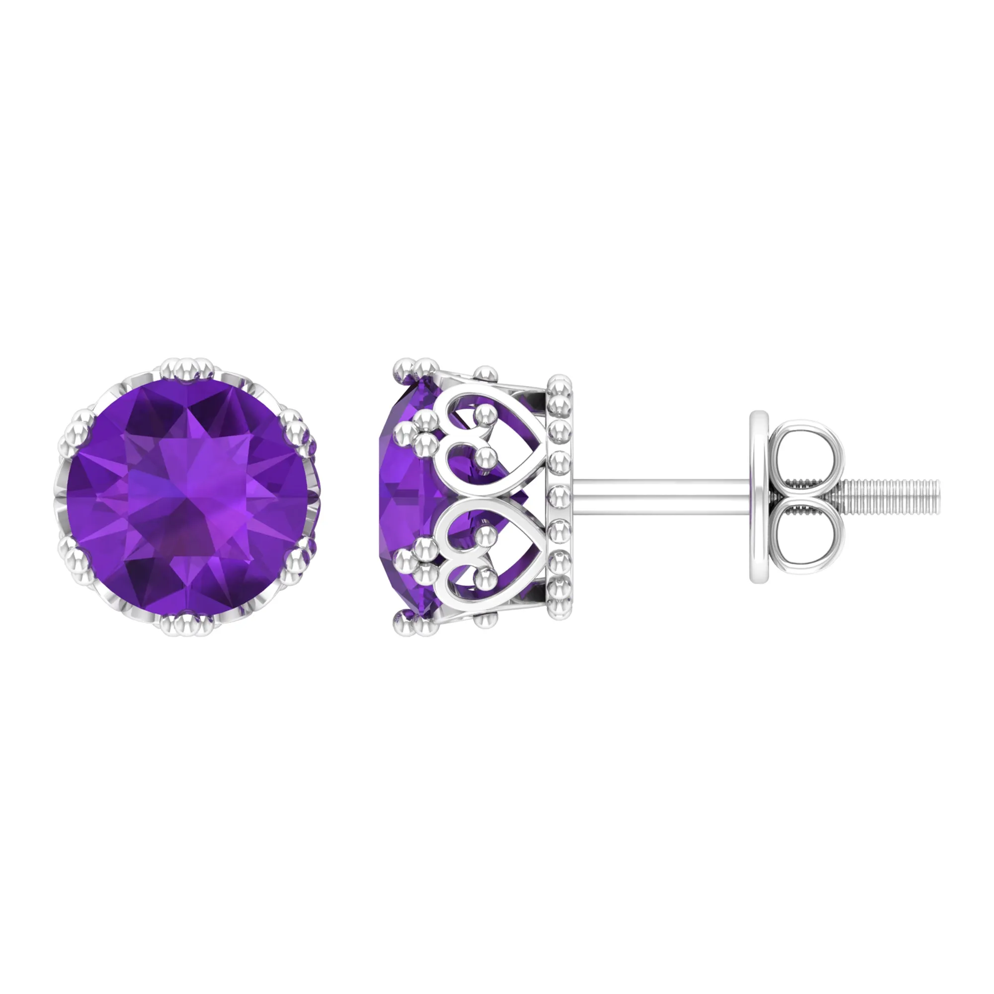 7 MM Round Cut Real Amethyst Solitaire Crown Stud Earrings