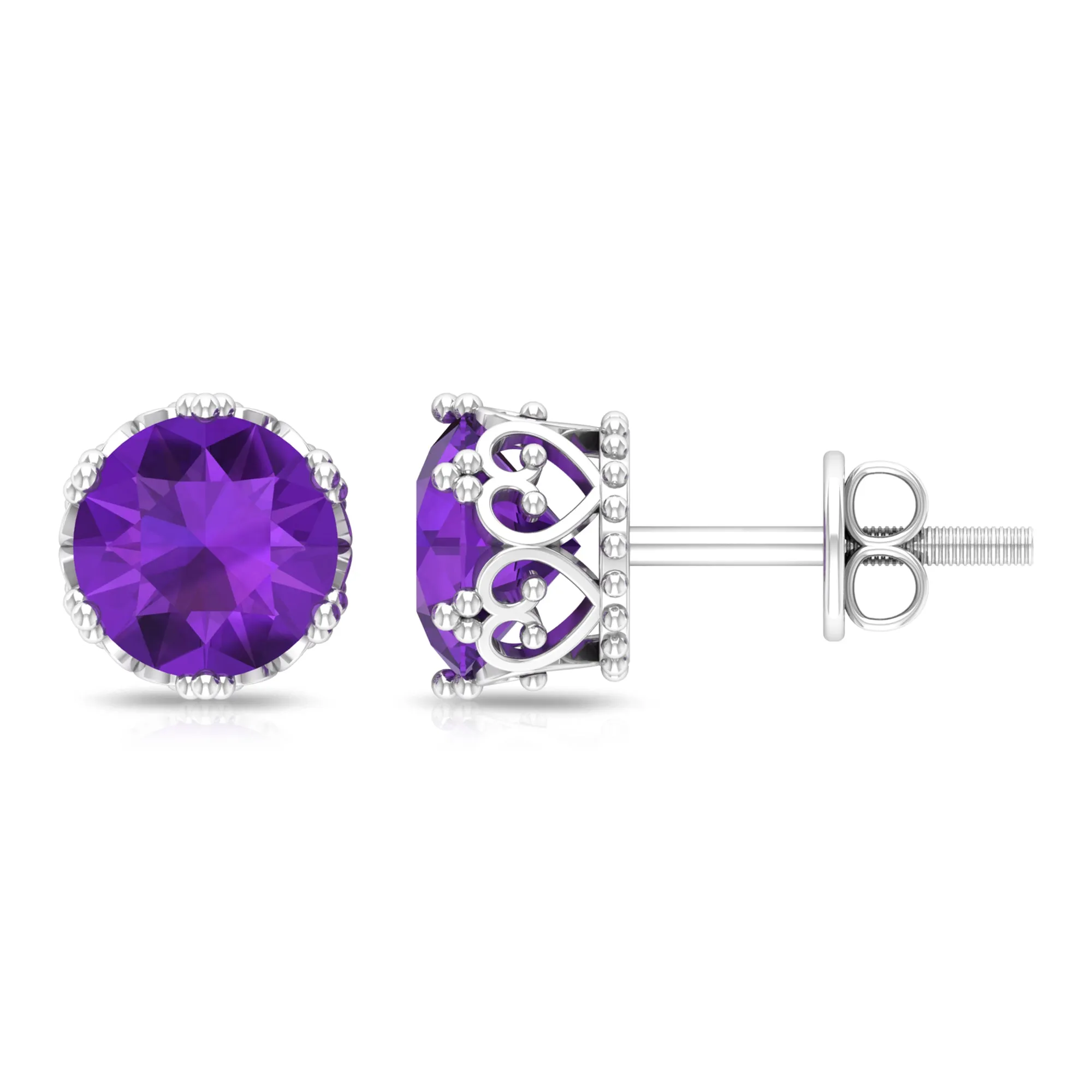 7 MM Round Cut Real Amethyst Solitaire Crown Stud Earrings