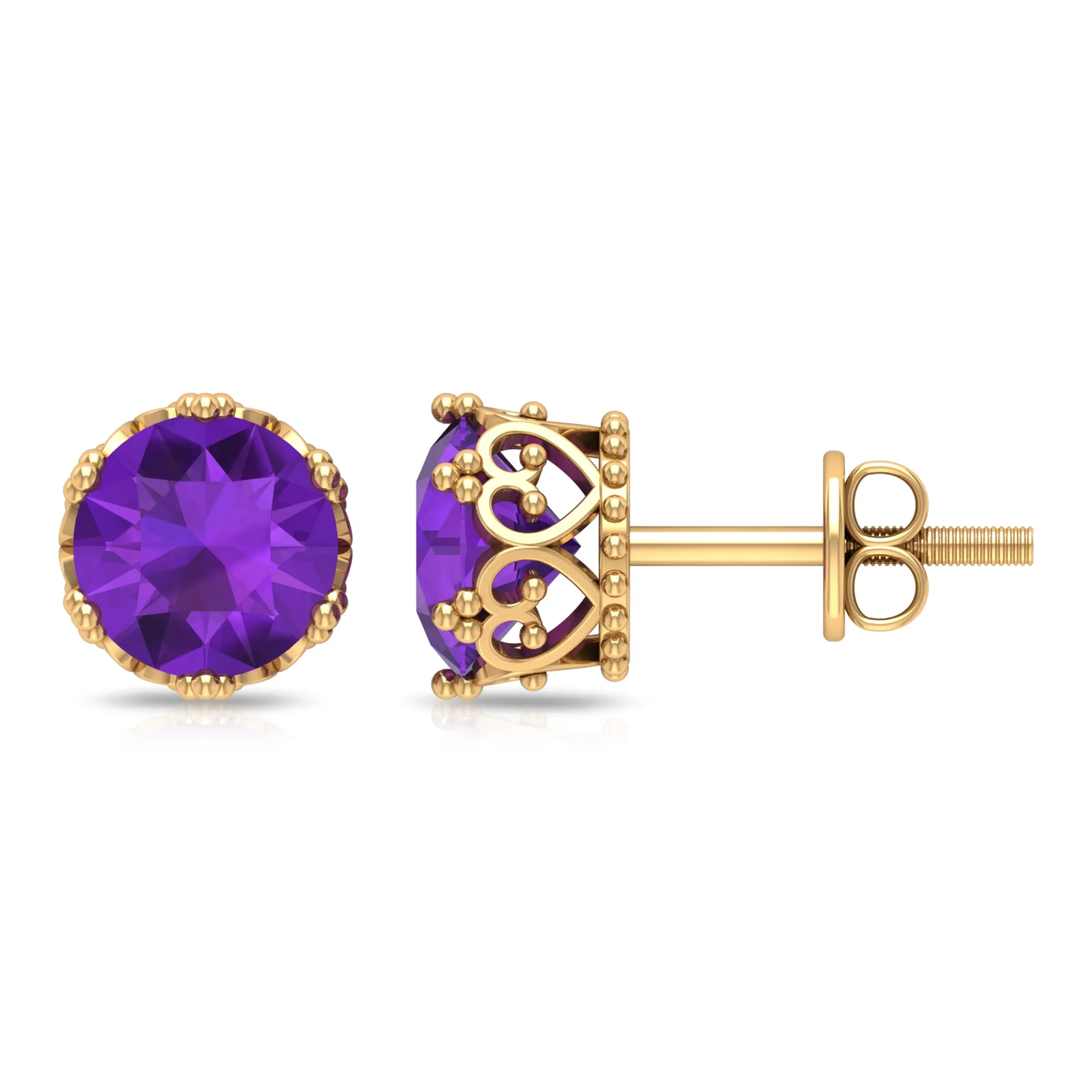 7 MM Round Cut Real Amethyst Solitaire Crown Stud Earrings