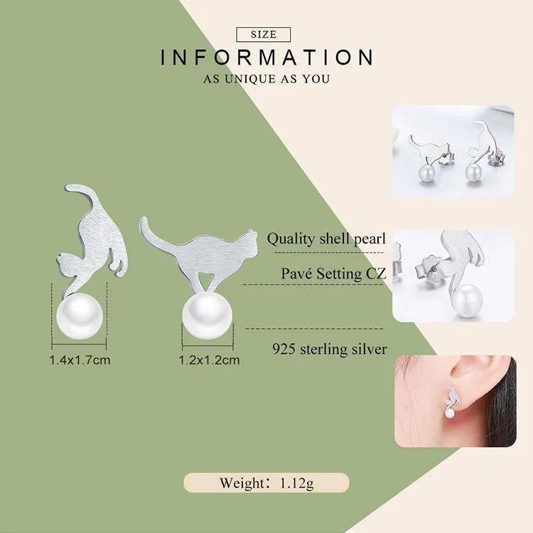 925 sterling silver, imitation pearl cat animal earrings statement earrings for Women